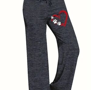Heart and Paw print drawstring pants, casual wide leg pants. Size M